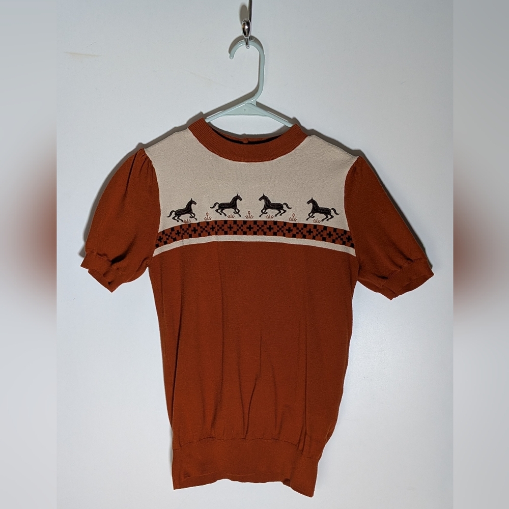 Unique Vintage Burnt Orange Knit Short Sleeve Sweater